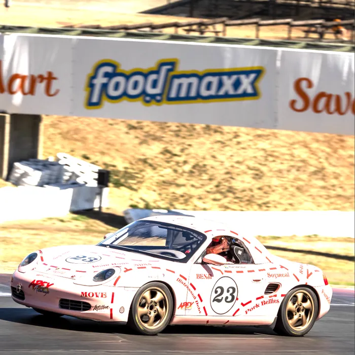 #23 on track at Sonoma Raceway under the trackside banners. Opens the post on Instagram.