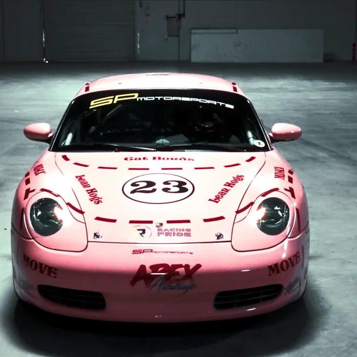 Head-on view of the car with the 23 roundel on the hood. Opens the post on Instagram.