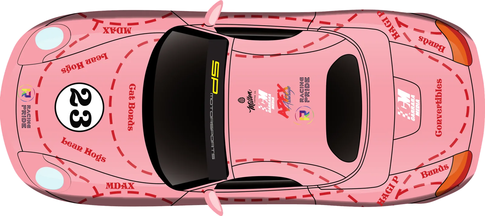 Top-down livery drawing of the Boxster, divided into labelled cuts by dashed red lines